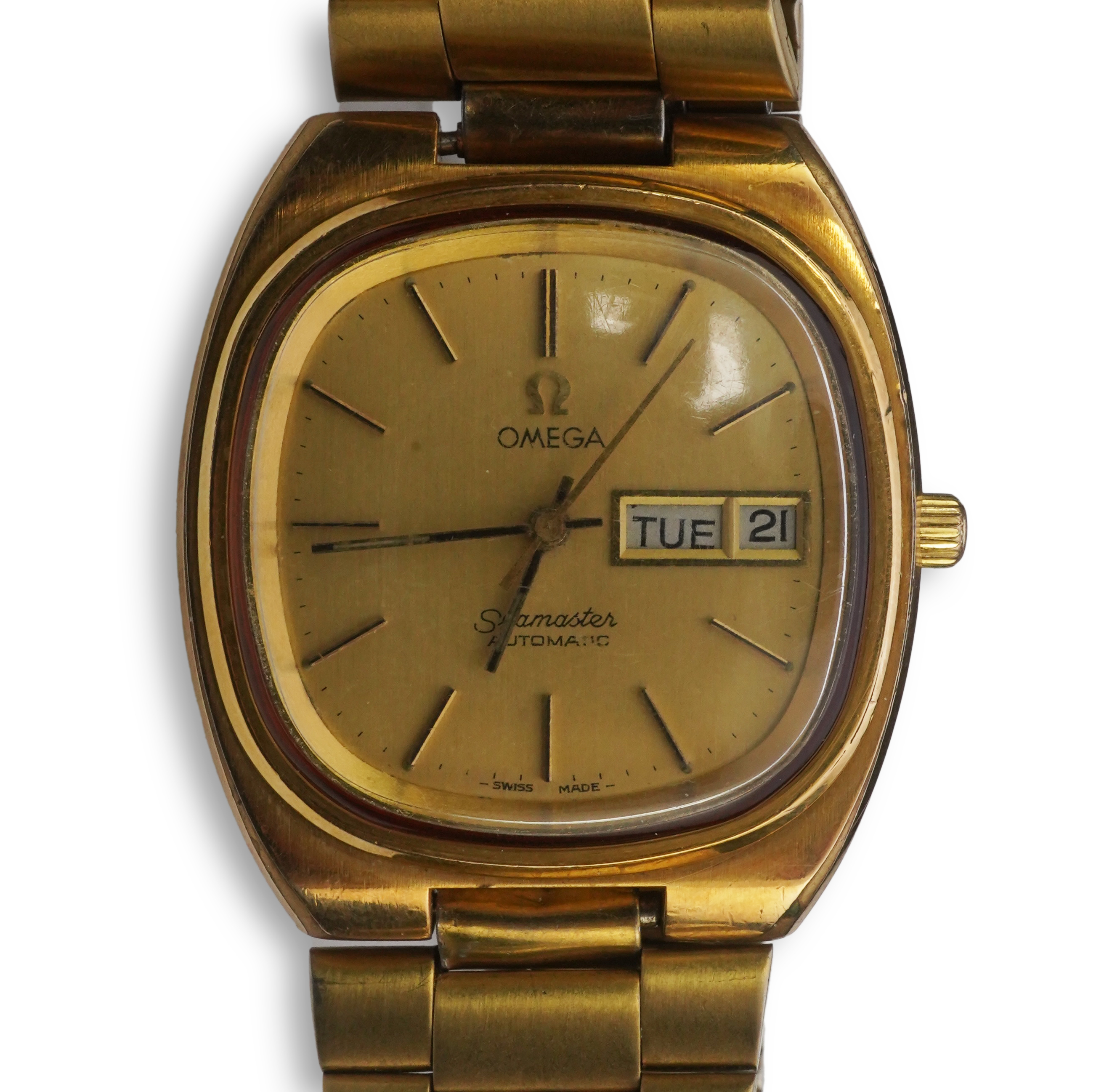 A gentleman's early 1980's steel and gold plated Omega Seamaster Automatic wrist watch, on a stainless steel and gold plated Omega bracelet